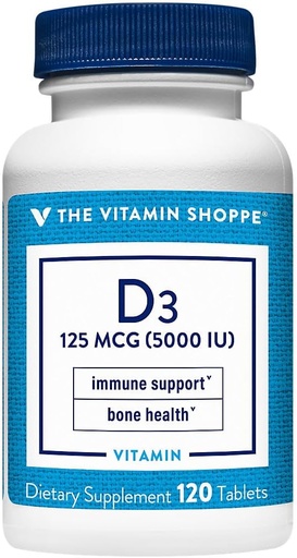 [BRSWIZQ2OR4Q23TY] The Vitamin Shoppe Vitamin D3 5000IU Softgel, Sufport Bone & Ammune Health, Aids in Cellular Growth & Calcium Absorpsi, Gluten Free & Once Daily Formula (120 Tablet)