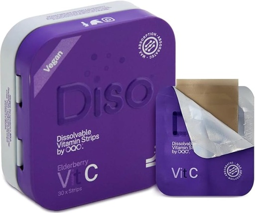 [BRSRAGICO4HAY3DG] DISO - Vitamin C - Fast-Dissolving Oral Strips, Elderberry Flavor, Boosts Immunity, Vegan, Zero Sugar, Maximum Absorption, Gluten Free, Individually Wrapped, 30 Dissolvable Strips