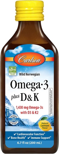 [BRSW2FAEOR4B4FA4] Carlson - Omega-3 + D & K, 1430 mg omega-3s, 2000 IU (50 mcg) D3, 90 mcg K2 as MK-7, Heart Health, Bone Support, Lemon, 200 mL