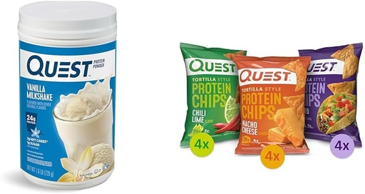 [BRSRAYYYBYBQA3Y4] Quest Protein Powder & Chips Bundle - Vanilla Milkshake Powder (24g Protein, 1,6lb) + Tortilla Chips Variety Pack (12ct)
