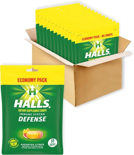 [BRSWIAA7OYIRUCI3] HALLS Defense Assorted Citrus Vitamin C Drops, Dietary Supplement Drops, Economy Pack, 12 Bags (960 Total Drops)