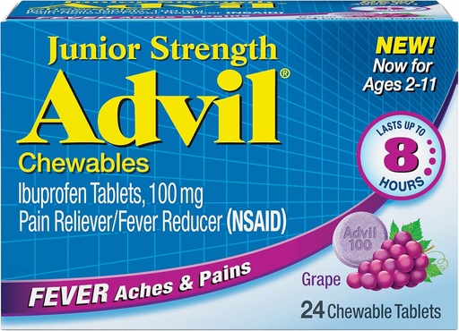 [BRSWIFAYCEFQAEQ7] Advil Junior Chewable Ibuprofen Tablets, Grape 100mg, 24 Tablets Each (Pack of 6)