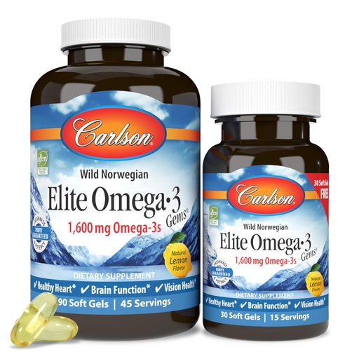 [BRSWIYILCUABMEQ3] Carlson - Elite Omega-3 Gems,1600 mg Omega-3 Fatty Acids Including EPA and DHA,Norwegian, Wild-Caught fish oil Supplement,Sustainably Sourced Capsules, Lemon, 90+30 Softgels
