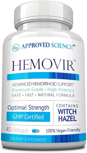 [BRSWKH3YPIFQ2HDX] Approved Science Hemovir - Hemorrhoid Support Supplement - Witch Hazel, Horse Chestnut - 45 Capsules - 1 Bottle - Vegan