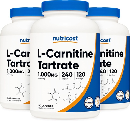 [BRSWEC3YAR5BYDI2] Nutricost L-Carnitine Tartrate 500mg, 240 Capsules - 1000mg Per Serving (3 Bottles)