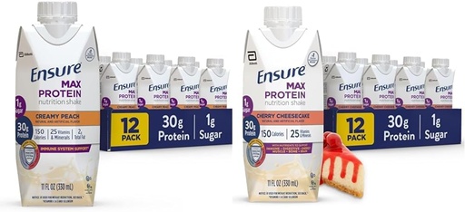 [BRSRAY33PIFGE23B] Max protein Beslenme Shake'yi 30g protein, 1g Sugar, High Protein Shake, Creamy Peach ve Cherry Cheesecake Çeşitli Paketi, 11 fl oz, 12 paket