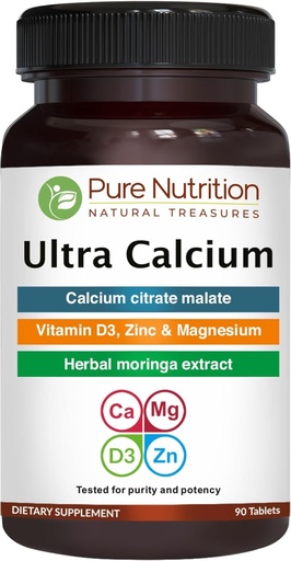 [BRSWGZL2BAMQG3LO] Pure Nutrition Ultra Calcium 1000mg with VIT D3 + K | 90 Tab | Calcium Supplement with Calcium Citrate Malate, VIT D3, K, Moringa Oleifera, Magnesium and Zinc.