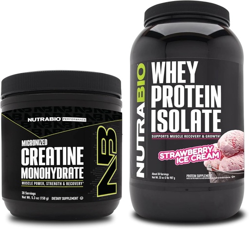 [BRSRAZ34OIDWMC3X] NutraBio Creatine Monohydrate, Unflavored, 150g and Whey Protein Isolate, Strawberry Ice Cream, Supplement Bundle - Muscle Energy, Lean Muscle Growth, Recovery, and Strength