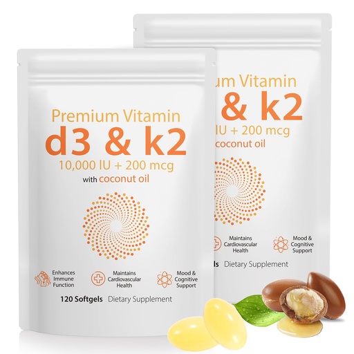 [BRSRAHQTAEHWYFA2] D3 K2 Vitamin 10000 IU - 240 Virgin Coconut Oil Softgels, 2 in 1 Vitamin D & K Complex Supplement Softgel - Immune Support and Calcium Absorption, Bone and Heart Health (240 Count (Pack of 2))