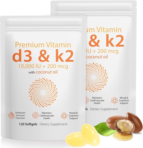 [BRSRAHQTAEHWYFA2] D3 K2 Vitamin 10000 IU - 240 Virgin Coconut Oil Softgels, 2 in 1 Vitamin D & K Sufflement Softgel - Imune Dukung dan Calcium Absorpsi, Bone and Heart Health (240 Count of 2)