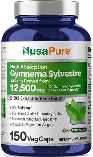 [BRSROGICAAGWOEL3] NusaPure Gymnema Sylvestre 50:1 Extract, 250 mg Equivalent to 12,500mg Per Vegan Caps - 150 Count (Non-GMO, Vegan, Bioperine)