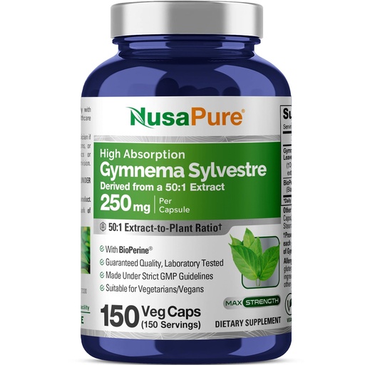 [BRSROGICAAGWOEL3] NusaPure Gymnema Sylvestre, 250 mg, 150 Veg Capsules (Non-GMO, Vegan)