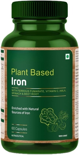 [BRSROAYRPMPBYA35] Växtbaserad järn med Ferrous Fumarate, Vitamin C, Spinach & Beet Root Berikad med naturliga källor av järn - 60 kapslar