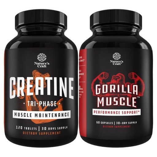 [BRSW2HANDIBR4DYU] Bundle of Tri Phase Creatine Pills 5g and Extra Strength Test Booster for Men - Muscle Mass Gainer and Muscle Recovery Creatine HCL Pyruvate - Natural Energy Supplement with Horny Goat Weed