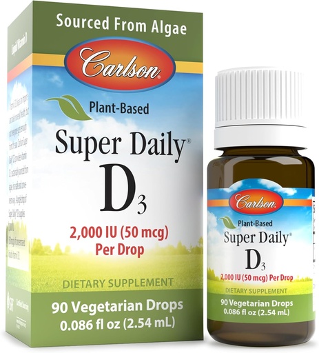 [BRSROFIQOAHQ2AI3] קרלסון - Super Daily D3 2000 IU (50 mcg) ל Drop, ויטמין Vgetarian D Drops, ויטמין D3 נוזלי, שמקורו Algae, Unflavored, 90 טיפות (2.54 mL)