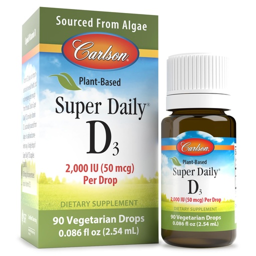 [BRSROFIQOAHQ2AI3] Carlson - Plant-Based Super Daily D3 2000 IU (50 mcg) per Drop, Vegetarian Vitamin D Drops, Liquid Vitamin D3, Sourced from Algae, Unflavored, 90 Drops (2.54 mL)