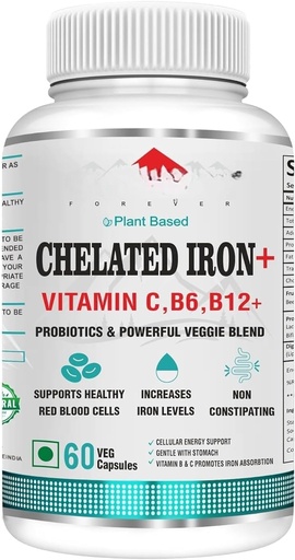 [BRSROAY7BN6WK2D6] Forever Chelated Iron Folic Acid with VIT.C, with probiotics, VIT. B6, VIT.B9, VIT. B12- Veg Tablets Tablets, 60