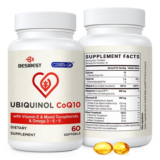 [BRSRMZYOB4MWK33V] Besibest Ubiquinol CoQ10-600mg-Softgel, Active Coq10 Ubiquinol Supplement with Vitamin E & Omega 3, 6, 9, High Absorption-Coenzyme-Q10, Powerful Antioxidant for Energy Production, Tested, 60 Count