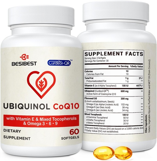 [BRSRMZYOB4MWK33V] Ubiquinol CoQ10-600mg-Softgel, Active Coq10 Ubiquinol Supplement with Vitamin E & Omega 3, 6, 9, High Absorption-Coenzyme-Q10, Powerful Antioxidant for Energy Production, Tested, 60 Count