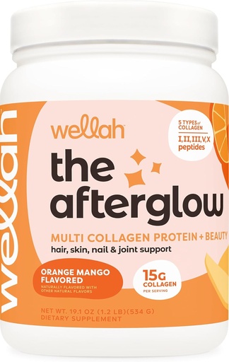 [BRSROAD4BZ7REETH] Wellah The Afterglow Multi Collagen Protein + Beauty (30 Servings, Orange Mango) - Hair, Skin, Nail & Joint Support - Non-GMO and Gluten Free