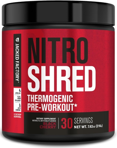 [BRSWYALYB4NAYCTZ] Jacked Factory NITROSURGE Shred Pre Workout תוסף - Energy Booster, Instant Strength Gains, Sharp Focus, Powerful Pumps - Nitric Oxide Booster & PreWorkout אבקת - 30Sv, Black Cherry
