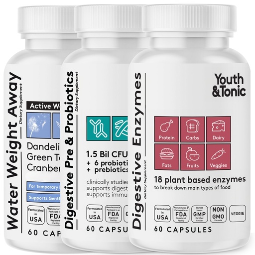 [BRSRAZL7BUIWMAI3] Youth & Tonic Bloating Relief with Pre and Probiotics for Water Retention, Occasional Constipation, or Food Digestion with Water Pills and Digestive Enzymes Bundle Pack