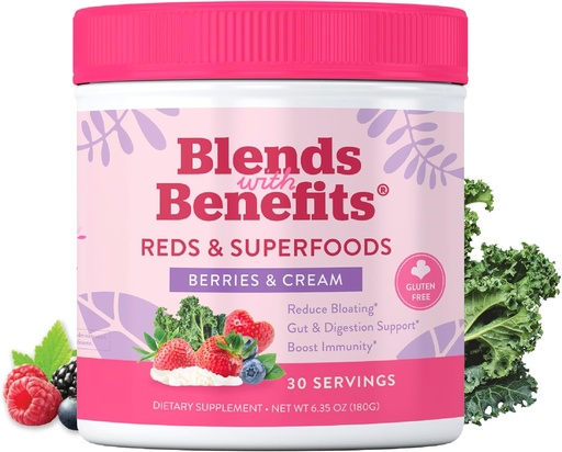 [BRSROBALBV6GEHYV] 360 Nutrition Blends with Benefits Reds & Superfoods for Natural Antioxidants and Polyphenols, with Fruits & Veggies, Probiotics Digestion, Daily Energy - Berries & Cream - 30 Servings