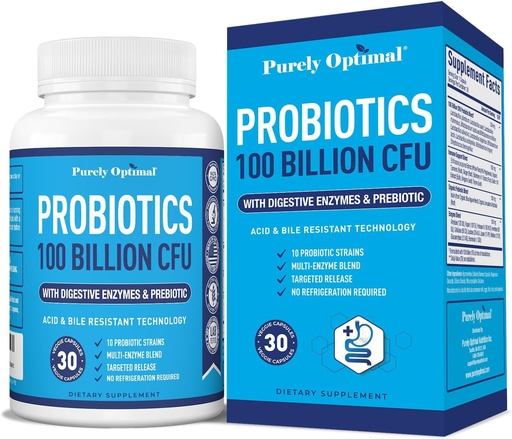 [BRSWYBA3AABGYCDK] Purely Optimal Premium Probiotics (Various Types) w/Organic Prebiotics & Digestive Enzymes (30 Count (Pack of 1), 100 Billion CFU)