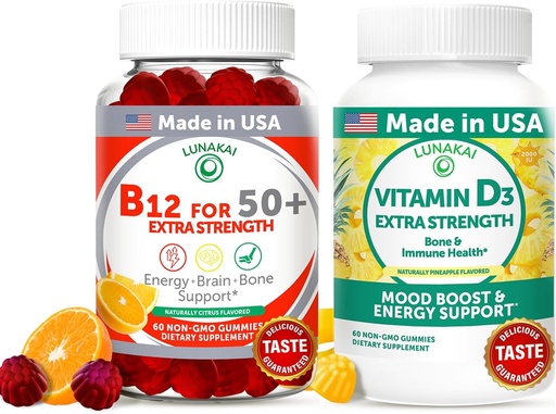 [BRSRABLQBECQEYLU] Lunakai USA Made Vitamin B12 & D3 Gummies Bundle för vuxna 50+, stöder energi, humör och immunhälsa, icke-GMO, glutenfri, utsökt apelsin och ananas smaker