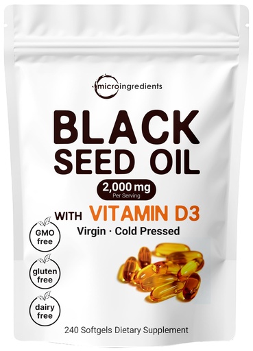 [BRSWYBQLPMPQYYL5] Micro Ingredients Black Seed Oil 2000 mg with Vitamin D3 1000 IU, 240 Softgels | Cold Pressed - Nigella Sativa Pills from Egypt, Virgin Oil, Odorless, Non-GMO & No Gluten