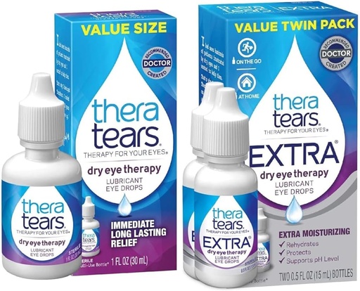 [BRSROAIPC4NBQH36] TheraTears Dry Eye Therapy Eye Drops for Dry Eyes, 1.0 Fl Oz & Extra Dry Eye Therapy Lubricating Eye Drops for Dry Eyes, 0.5 fl oz Bottle, 2 Count(Pack of 1)