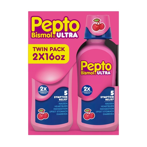 [BRSWIYIKCN4GEFI7] Pepto Bismol ULTRA Liquid for Nausea, Heartburn, Indigestion, Upset Stomach, and Diarrhea - 5 Symptom Fast Relief Medication for Adults, Cherry Flavor, 2x16 oz