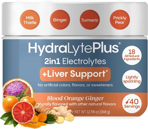 [BRSRO2YPOV6Q2YAZ] Hydralyte Liver Support + Electrolyte Mix with Milk Thistle, Turmeric, Ginger, Prickly Pear, Green Tea Extract Formulated for Rapid Rehydration, (Blood Orange Ginger, 40 Serve Tub)