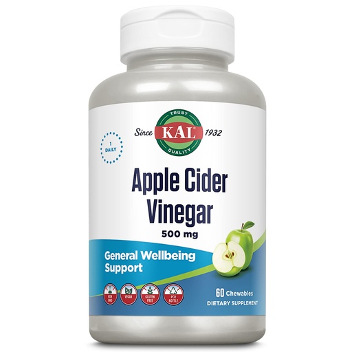 [BRSWIYQHDEGRSEAZ] KAL Chewable Tablets, Apple Cider Vinegar, 500 mg, 60 Count