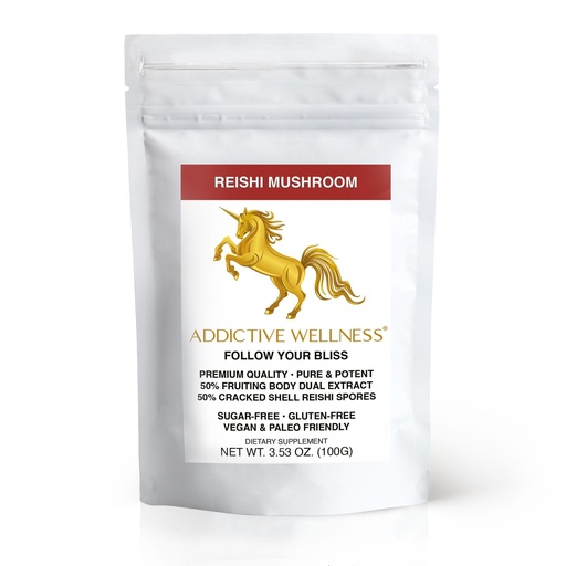 [BRSRAGAYAAMR4F3O] Addictive Wellness Reishi Mushroom Extract Powder + Spores (50/50 Blend) Wood Grown Pure & Potent Wildcrafted Ganoderma (100 Grams)