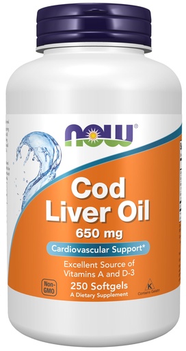 [BRSWIYT3PMCGKEQ7] NOW Foods Supplements, Cod Liver Oil 650 mg, Excellent Source of Vitamins A and D-3, 250 Softgels