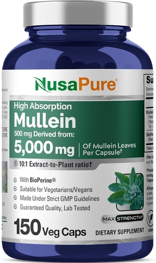 [BRSRMHT6DEHR6CTB] NusaPure Mullein Leaf Capsule 10:1 Extract, 500 mg Equivalente a 5.000 mg per Veggie Caps - 150 Count - Verbascum Thapsus (Non OGM, Vegan) Integratore alimentare