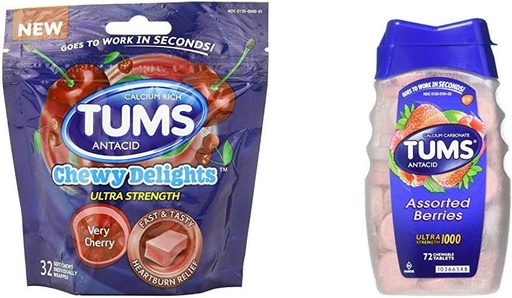 [BRSWYZYKOQIGM33A] Tums Chewy Delights Soft Chews, Very Cherry, 32count & Tums Ultra Strength 1000 Antacid, Assorted Berries, 72 Tablets