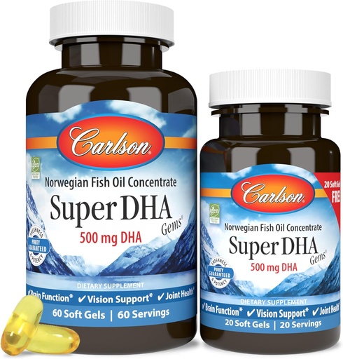 [BRSWIZT3OYPQ2DTA] Carlson - Super DHA Gems, 500 mg DHA Supplements, 640 mg Fatty Acids, Wild-Caught Norwegian Arctic Fish Oil Concentrate, Sustainably Sourced Nordic Fish Oil Capsules, 60+20 Softgels