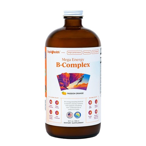[BRSWIZYFOAHAC33U] LIQUIDHEALTH Mega Energy Methylated B-Complex, Adult Liquid Vitamin Supplement - Increase Energy, Relieve Stress & Fatigue, Immune Support, Heart & Gut Health - Made in USA, Vegan, Sugar-Free (32 oz)