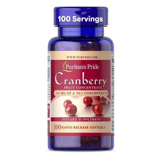 [BRSWIZQ3OV5B6HTI] Puritan's Pride Premium Cranberry Fruit Concentrate 252mg with Vitamins C and E, Dietary Supplement for Immune System Support, 100 Rapid Release Softgels