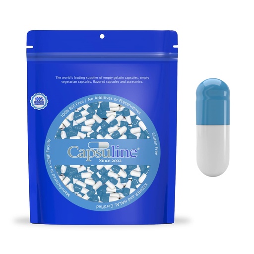 [BRSWIAQQCUFQGHDE] Capsuline Colored Size 0 Empty Gelatin Capsules Blue/White 1000 Count |Kosher & Halal Certified |Gluten Free