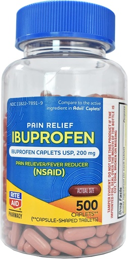 [BRSWGAI6PN4B4C33] Rite Aid Pharmacy Ibuprofen 200 mg - 500 Coated Brown Caplets - Pain Reliever and Fever Reducer - Migraine Relief - Back Pain Relief - Arthritis Pain Relief Pills - Pain Killer