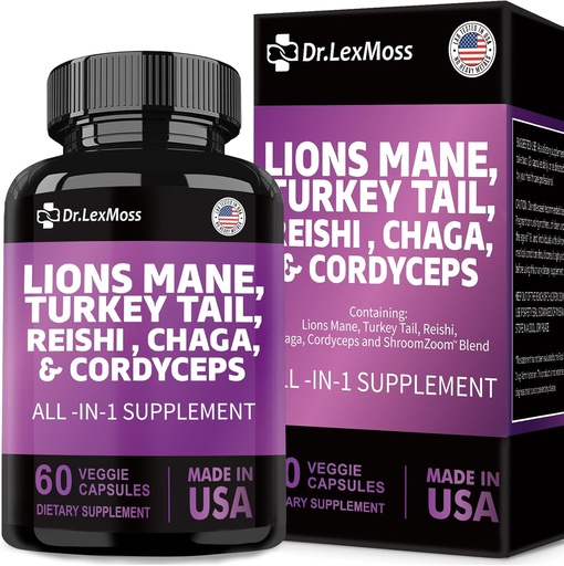 [BRSRAZIZAUBG2CTA] Lions Mane 3000mg, Turkey Tail 3000mg, Reshi 1000mg, Cordycps 10o0mg, Chaga 1000mg, Maitake Meshima Poria Cocos Shiitake Oyster Porcini Enoki with Mushroom Supplement, 60 Capsules