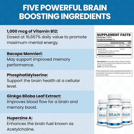 [BRSWGYYBBEGREYDD] Cerebro Juvenil Ø Memoria &amp; Apoyo a la Salud Cerebro Suplemento con Bacopa Monnieri, Ginkgo Biloba, B12 - Tablas fáciles de absorber - Fuente de 30 días (60 Cuenta)