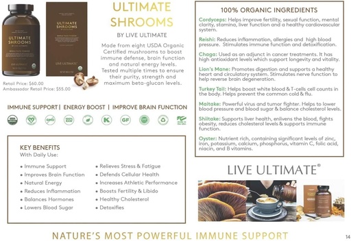 [BRSWGZATCEBW2A3J] Live Ultimate Shrooms USDA Certified Whole Food Mushroom Extract Powder - 8 Organic Mushrooms Including Chaga, Cordyceps, and Reishi Mushroom Extract - Natural Energy, Immune Support and Detox