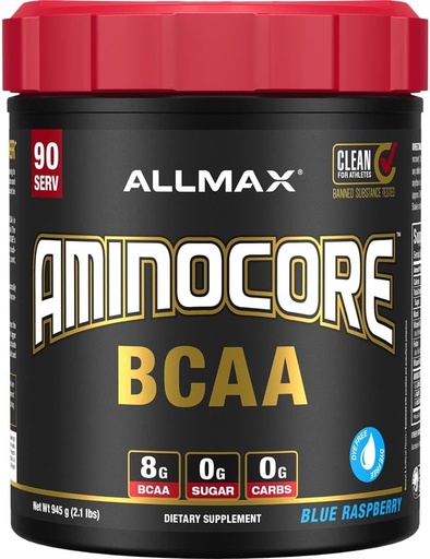 [BRSWYZQCAQHAA3DF] ALLMAX Nutrition AMINOCORE BCAA, Blue Raspberry - 945 g Powder - 8.18 Grams of Branched Chain Amin Acids Per Serving - with B Vitamins - No Fillers or Non-BCAA Aminos - Sugar Free - 90 Servings