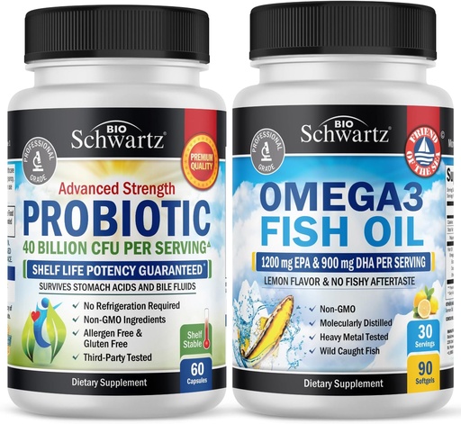 [BRSRAYIPBUNQ2A36] Triple Strength Omega 3 Fish Oil Softgels (1 Month Supply) Plus 40 Billion CFU Daily Probiotic Supplement (1 Month Supply)