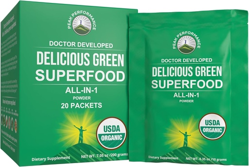 [BRSWGEAQA4JR4F3Z] Peak Performance Organic Greens Superfood Toz Single Travel Packets. Max Energy üçün 25 + Bütün Natural materialları ilə Best Tasting Organic Green Juice Super Food. (20 Pack)