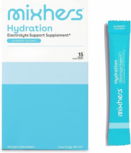 [BRSROEIZCEAWM23A] MIXHERS Hydration Electrolyte Support Supplement |Hydration Drinks with Vitamin C, Iron, & Zinc | Sugar-Free & Plant-Based | Blueberry Coconut Flavor | 15 Stick Packets
